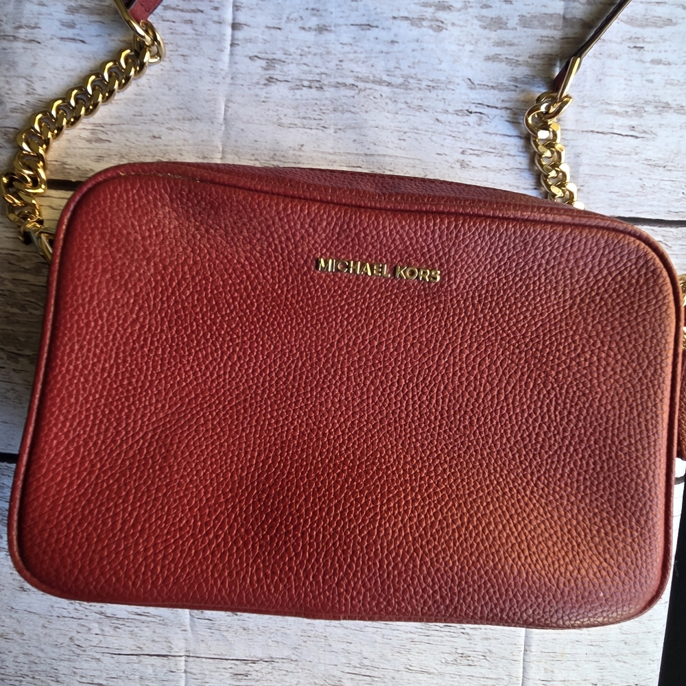 Michael Kors Red Pebbled Leather Crossbody Bag with Gold Chain Strap
